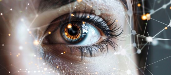 Close-up of a woman's eye with a background of interconnected dots