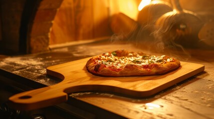 A handcrafted wooden pizza peel, its smooth surface holding a perfect pizza, set against a backdrop of glowing oven light, emphasizing the art of pizza making no dust