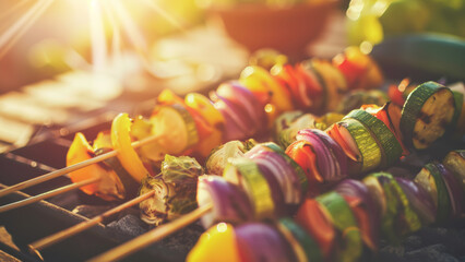 Colorful vegetable skewers on a grill with sunlight