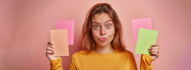 A woman is holding up a stack of colorful sticky notes. She is smiling and she is excited about the notes. The notes are in various colors, pink, yellow, green. a young woman looks confused