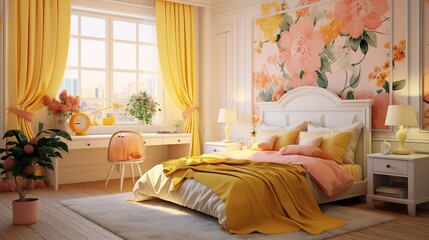 A cozy bedroom adorned with a delightful combination of yellow and pink hues, accented with floral patterns on the bedding and curtains, exuding a cheerful and feminine charm.