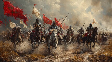 Medieval Battle: Illustrate a fierce battle scene with armored knights charging on horseback, wielding weapons, and clashing in combat to depict medieval warfare - obrazy, fototapety, plakaty