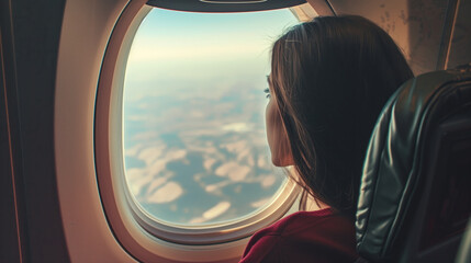 Fototapeta na wymiar A girl peering through the window of a commercial airplane, exploring the scenic views from above