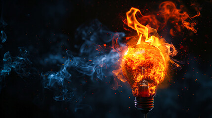 Fire concept, isolated blazing electric pole, dark background