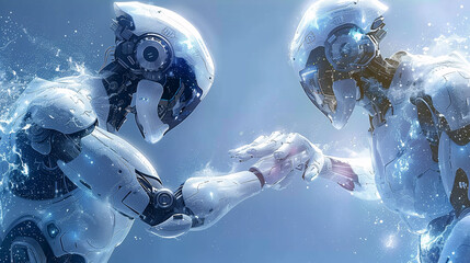Two futuristic robots underwater, touching hands in a display of connection or interaction,...