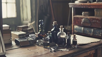 Fototapeta na wymiar A collection of vintage ink bottles, their glass surfaces catching the light, set against an antique wooden desk, evoking a sense of history and the art of writing low noise