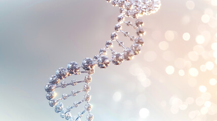 3D-rendered image of a DNA double helix forming the shape of the Vitamin B molecule, light silver gradient background