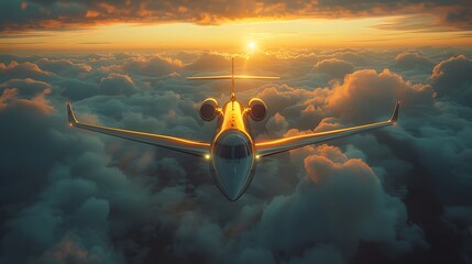 a private jet soaring high above the clouds, its sleek fuselage and polished exterior embodying the...