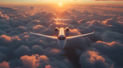 a private jet soaring high above the clouds, its sleek fuselage and polished exterior embodying the epitome of luxury and style, in cinematic 8k high resolution. - obrazy, fototapety, plakaty