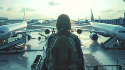 Rear view of a traveler with a backpack strolling between plane at a airport