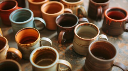 Obraz na płótnie Canvas A collection of handmade pottery mugs, each unique, set against a backdrop of warm, earthy tones, highlighting craftsmanship and cozy mornings low texture