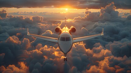 a private jet soaring high above the clouds, its sleek fuselage and polished exterior embodying the...