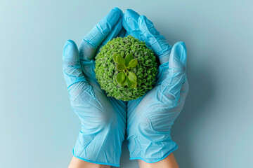 Sustainable health concept with hands in medical gloves holding a green globe shape, World health day concept .