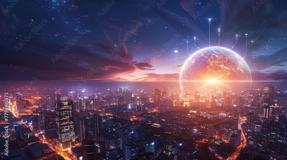 Aufkleber wireless communication on modern cityscape background of global world telecommunication network...