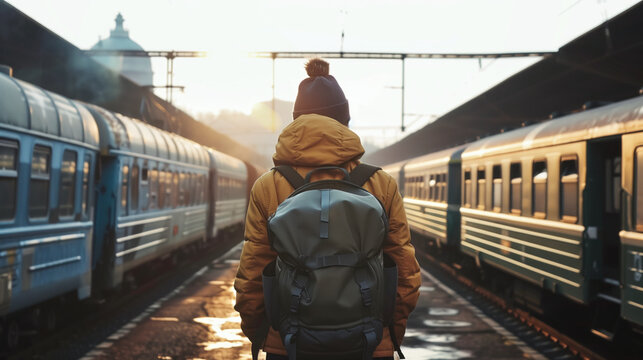 Rear view of a traveler with a backpack strolling between railway cars