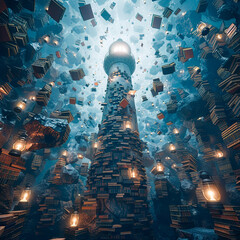 A lone lighthouse illuminating a sea of dream symbols: keys, clocks, and floating books, guiding the way through the subconscious - obrazy, fototapety, plakaty