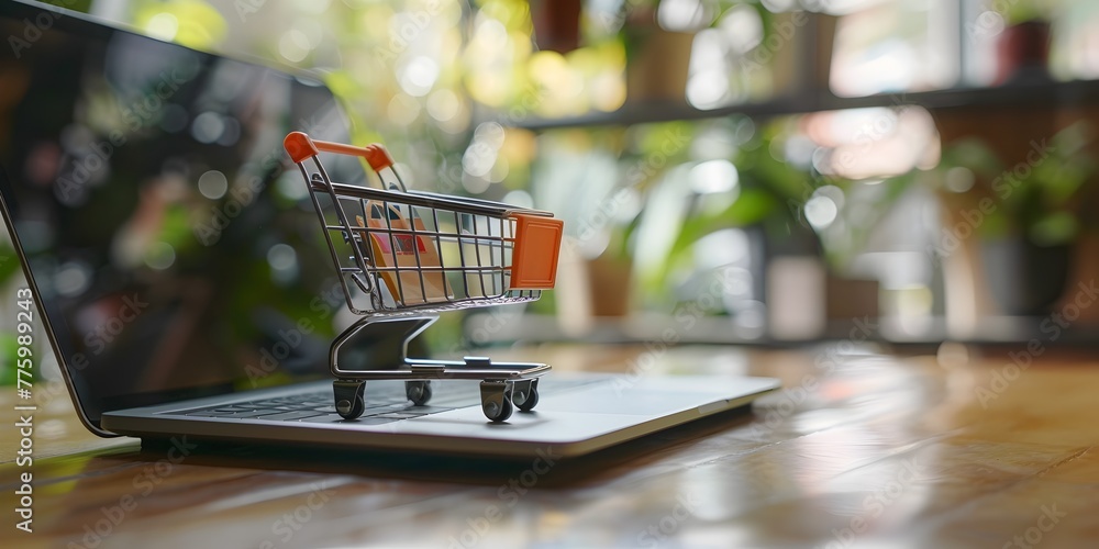 Poster close up view of a miniature shopping cart placed next to an open laptop computer symbolizing the co