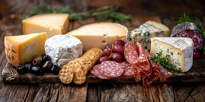 Aged Gourmet Cheese and Charcuterie Selection Artfully Displayed on Rustic Wooden Tasting Table with Copy Space