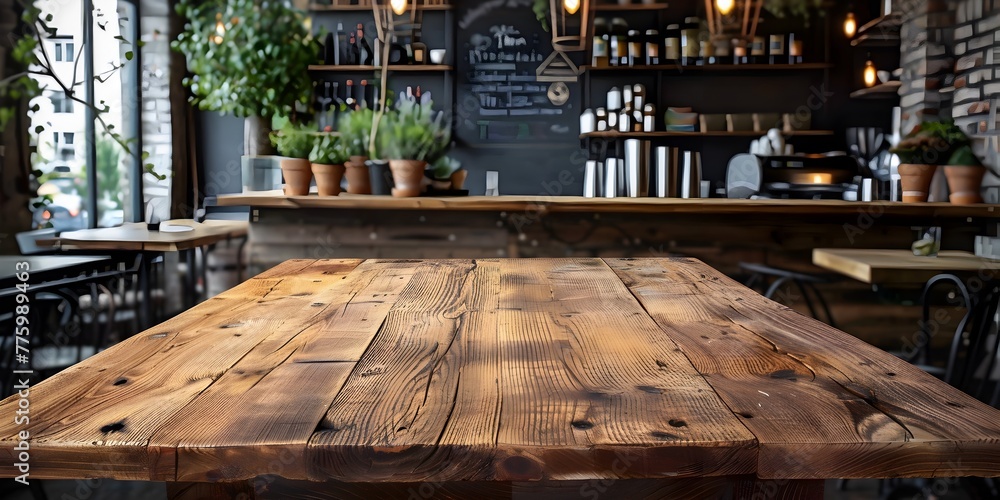 Poster rustic wooden table in bustling cafe setting primed for product display with ample copy space