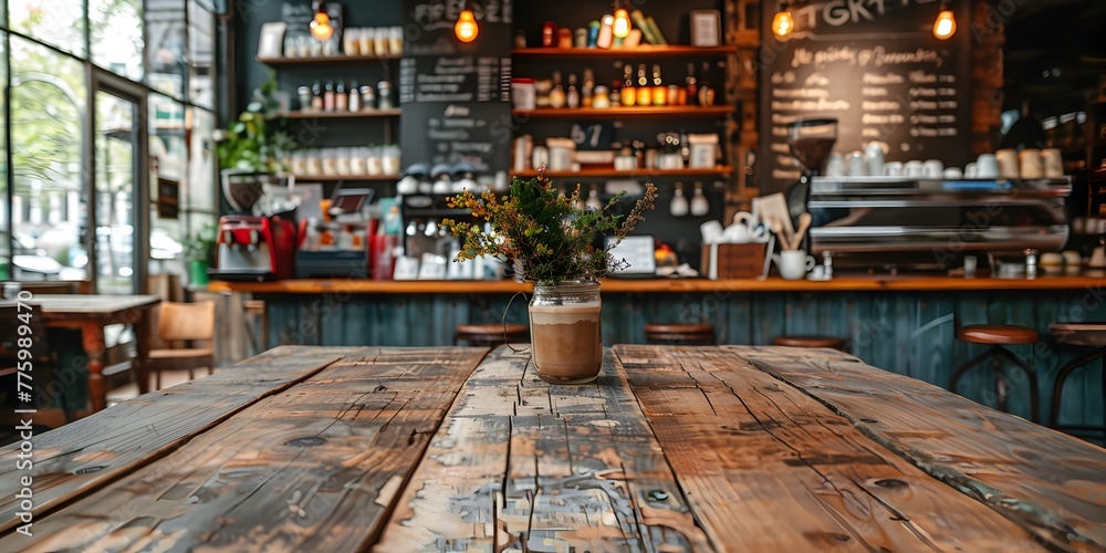 Poster rustic wooden table in bustling cafe setting with copyspace for product display