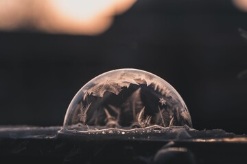 Closeup shot of a frozen soap bubble with ice crystals - obrazy, fototapety, plakaty