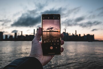Person taking a picture of New York skyline with a phone