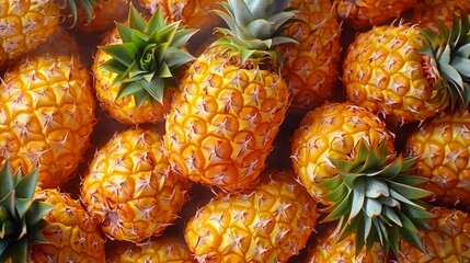 fresh ripe whole pineapples stacked with vibrant yellow texture