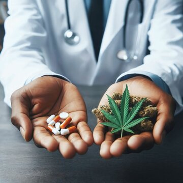 Medical marijuana in the hands of a doctor. In the other hand conventional painkiller pills. Cannabis as an alternative medicine. Less body damaging side effects. Chronic pain. Generative AI