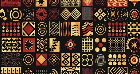 Material Culture pattern with African old national tradition patterns of over the world to one unique pattern, different forms and one color scheme, black background 