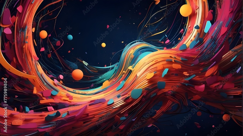Poster a symphony of intersecting lines and shapes, pulsating with vibrant energy in a digital cosmos.