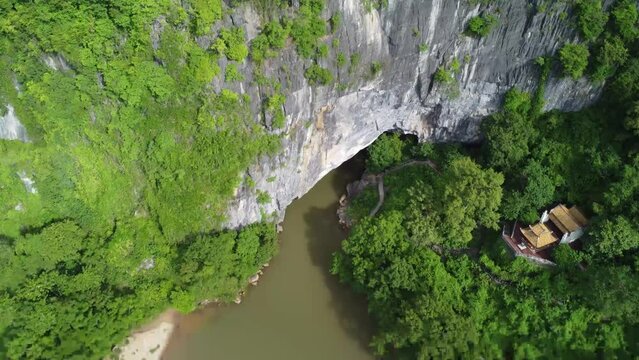 View of Phong Nha Cave entry from a drone. Quang Binh Province, Vietnam.