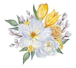 Watercolor Easter bouquet with hand-painted elements of white tulips, a yellow rose, a small-flowered chrysanthemum, and a pussy willow on a transparent background. Spring flower bouquet.