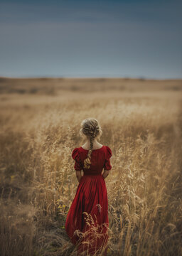 Pretty young blond historical woman from the 18th or 19th century wearing a red dress. Back view overlooking a prairie. Early american pioneer woman with long hair blowing in the wind. With braids. 
