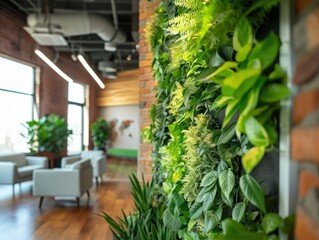 Fototapeta na wymiar Vertical living wall in a modern office space a variety of vibrant green plants flourishing on an indoor feature wall