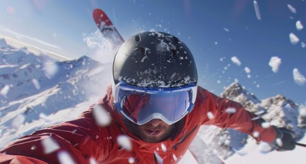 Close up headshot of a man in action skiing down a snowy mountain