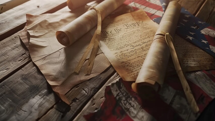 Antique documents and a US flag on a wooden table