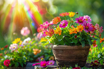 Fototapeta na wymiar A rainbow cascading into a pot of smiling flowers, set against a brilliantly colored sky, embodying the vibrancy of happiness