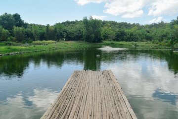 wooden bridge over fish pond