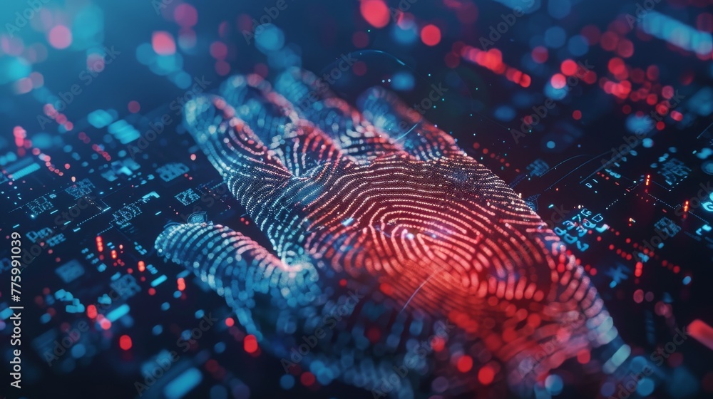 Poster identifies you with your fingerprints. scan provides security access.