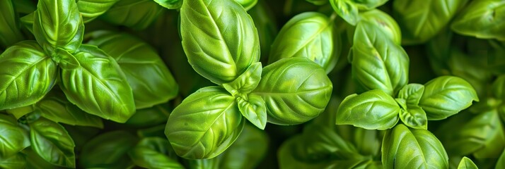 Top view of a densely packed cluster of vibrant green basil leaves filling the entire photo - obrazy, fototapety, plakaty