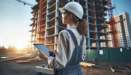 Women in an assembler's helmet and safety glasses, holding a tablet with notes, a computer, monitors a futuristic skyscraper under construction on a construction site with a construction crane