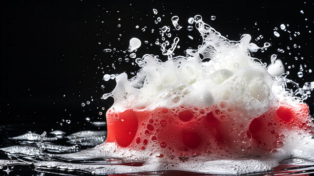 A side view showcasing soap foam with bubbles and a vibrant red sponge