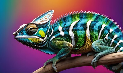 Chameleon Sitting on tree , abstract background  ,Close-up , Portrait , Horizontal ,high resolution, nature, ecology, 3d rendering - obrazy, fototapety, plakaty