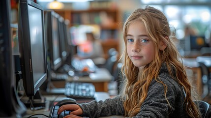 Young girl with blonde hair using a computer in a modern classroom setting. 
