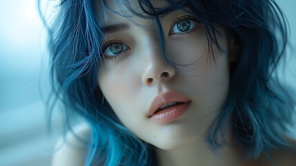Fototapeta premium A close-up portrait of a young woman with striking blue hair and captivating eyes highlighted by a gentle, diffused light setting a serene atmosphere. 