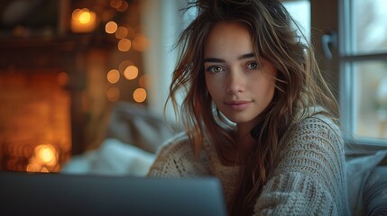 A young woman with a cozy sweater works on her laptop by the warm glow of a fireplace ambiance.  - obrazy, fototapety, plakaty
