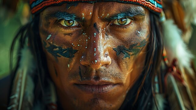 A portrait of a person with intense eyes and traditional tribal face paint looking intently at the camera. 
