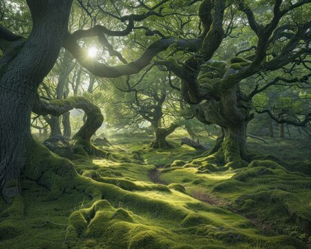 A mystical forest clearing with ancient trees and a carpet of moss