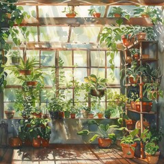 A cozy greenhouse scene in watercolor shelves of greenery and hanging plants