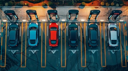 An aerial perspective directly above a motorway, capturing electric cars in the act of charging - obrazy, fototapety, plakaty